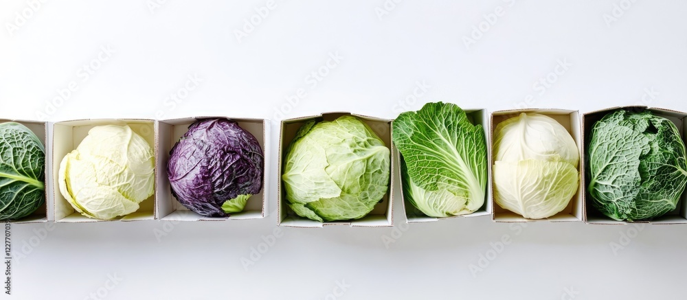 Aufkleber fresh cabbages in cardboard boxes on white background showcasing vibrant colors with space for text 