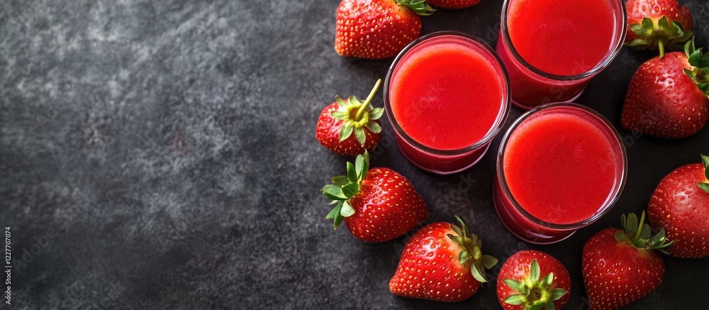 Poster Glasses of fresh strawberry juice surrounded by ripe strawberries on a dark background with space for text and design elements