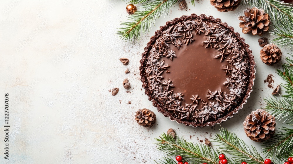 Aufkleber Chocolate coconut cake with festive decorations surrounded by pine cones and fir branches on a rustic background with copy space for text