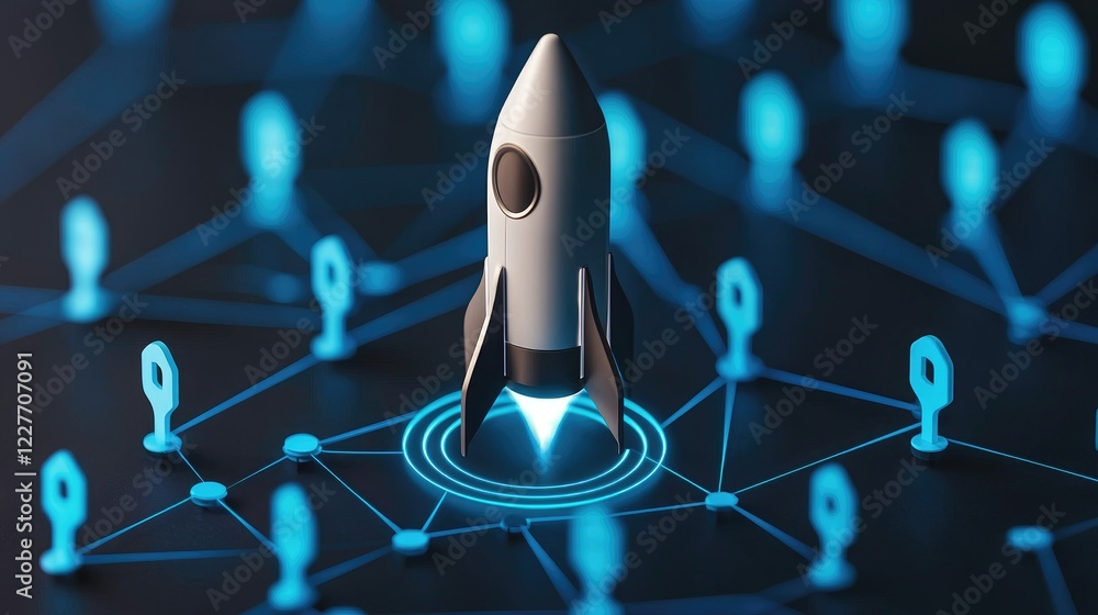 Poster a futuristic rocket stands at the center of a digital network, symbolizing innovation and technologi
