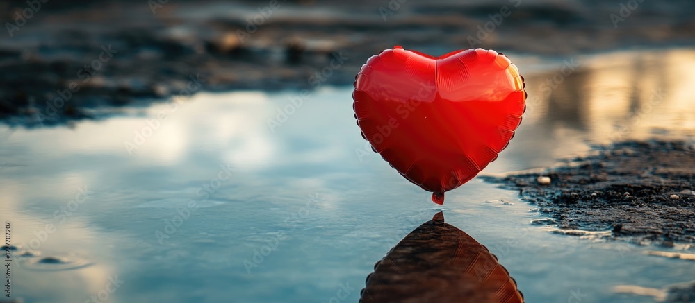 Poster red heart shaped balloon floating in water puddle reflecting the sky with clear empty space for text