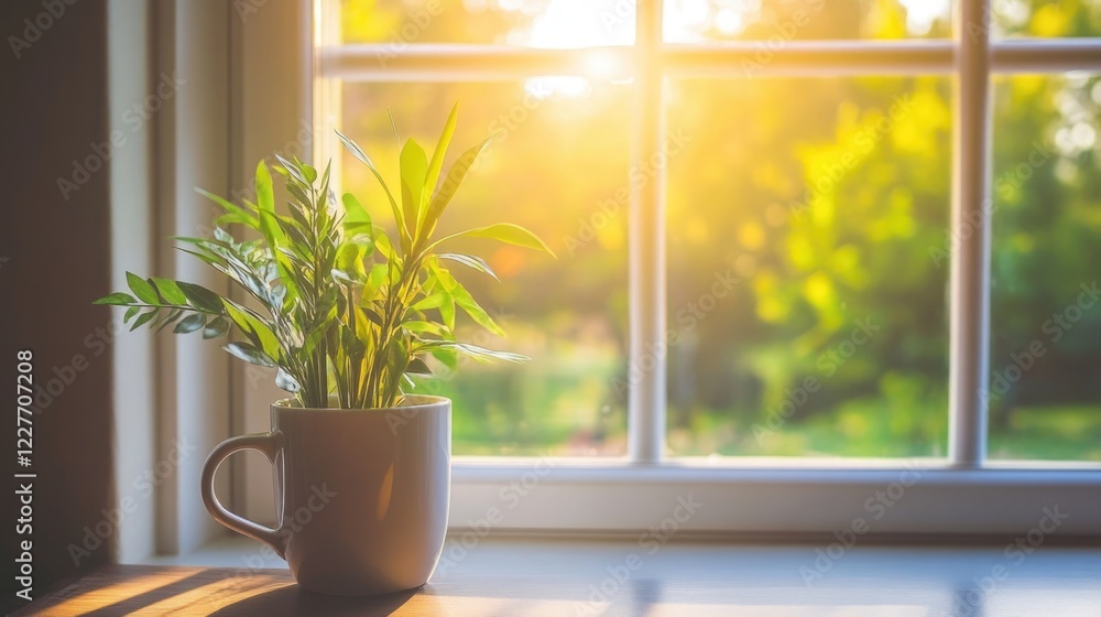 Aufkleber Sunlit office corner with a green plant in a white pot by the window creating a refreshing and inviting workspace atmosphere.