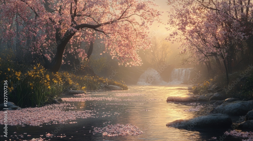 Poster tranquil cherry blossom scene reflecting serenity by a calm river with waterfall and blossoming tree