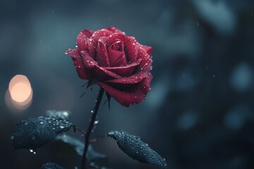 Beautiful red rose with raindrops on petals and leaves, illuminated by a soft bokeh in the background
