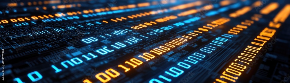 Poster a vibrant display of digital data streams in blue and orange, representing technology and informatio