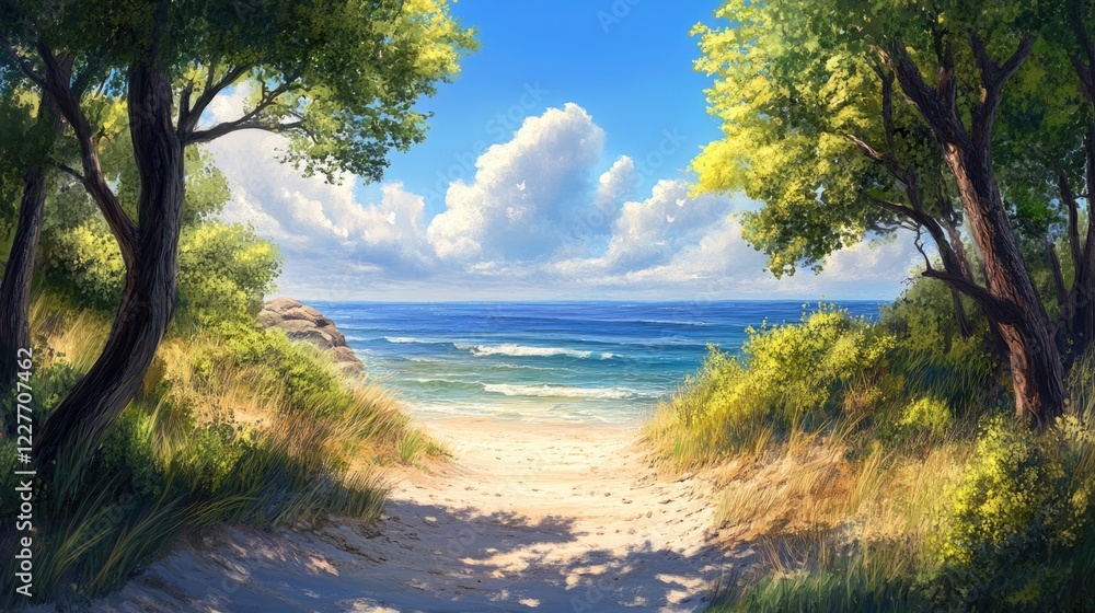 Poster tranquil coastal landscape depicting a serene beach path surrounded by lush greenery and inviting oc