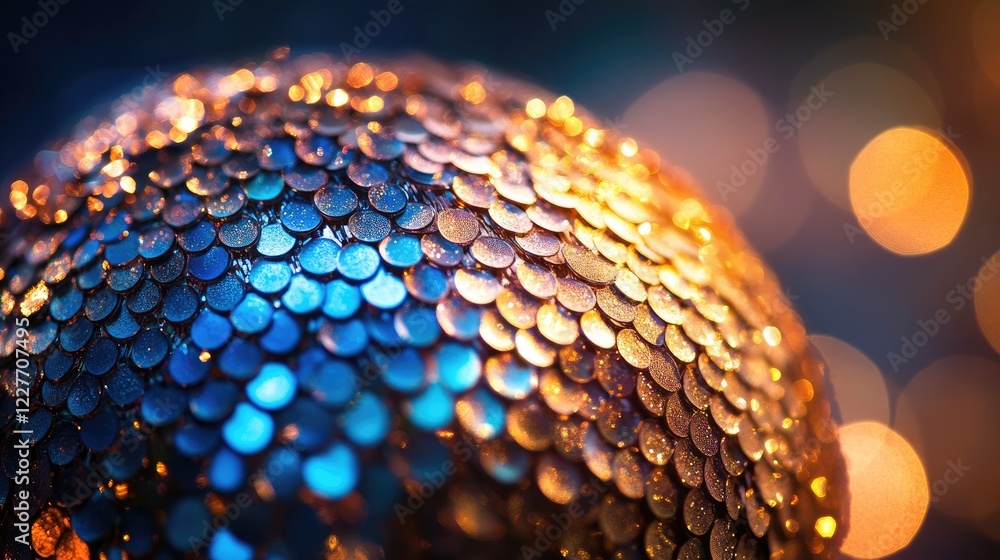 Poster colorful sequin christmas ornament with glittering bokeh background in close up selective focus for 