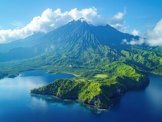 Aerial View of a Lush Island with a Volcano and Blue Waters Surrounded by Clouds
