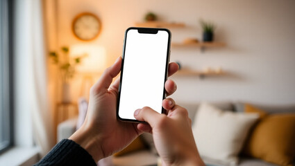 Phone mockup, hands holding smartphone blank white screen, warm lighting cozy interior background, close-up shot. Generative AI