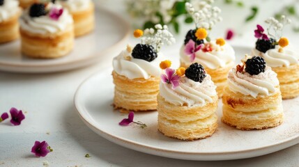 Elegant Bite-Sized Pastries with Cream and Fresh Berries Decorated with Edible Flowers on White Plate