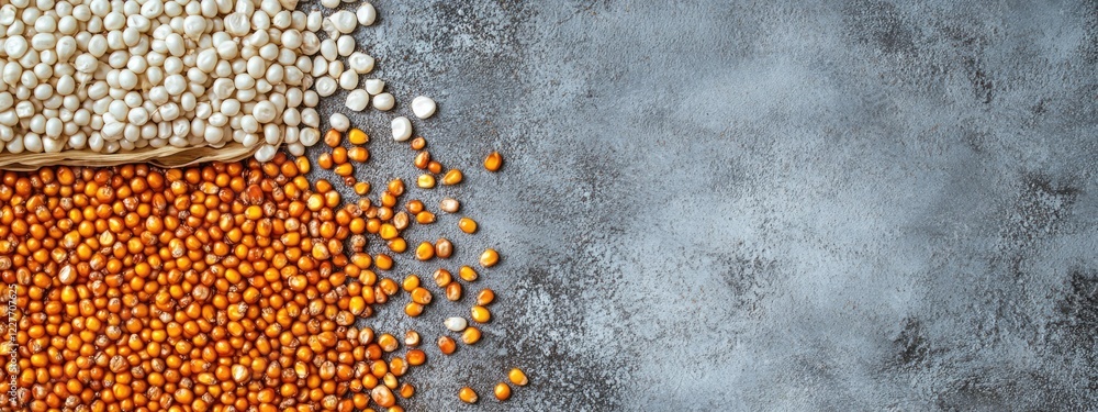 Poster Dried yellow and white corn with sorghum seeds arranged on a textured surface featuring ample copy space for text or design elements