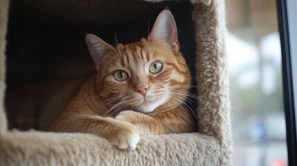 Adopted ginger cat relaxing in cozy shelter environment showcasing love and companionship for animal adoption campaigns.
