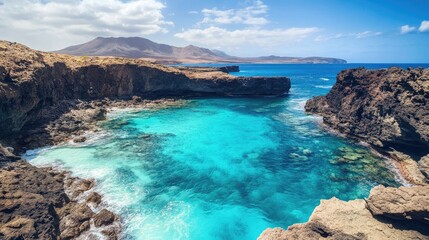 Rocky coastline overlooking a vibrant blue lagoon with white foam and clear skies in a scenic coastal landscape