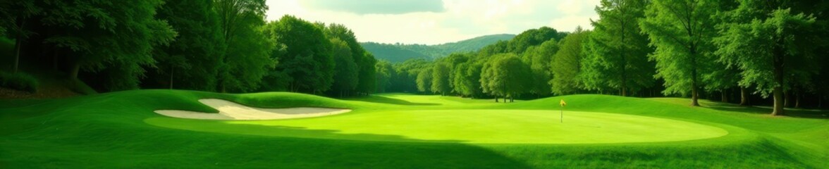 Naklejka premium Lush green golf course fairway, trees in background, sport, grass