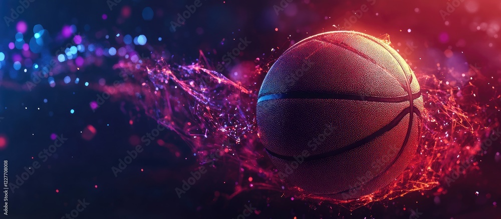 Aufkleber Basketball in slow motion with colorful particles on a neon background showcasing future sports technology and empty space for text