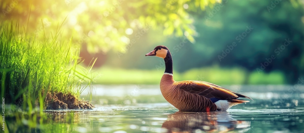 Poster goose swimming in serene pond surrounded by lush greenery with empty area for text placement in a na
