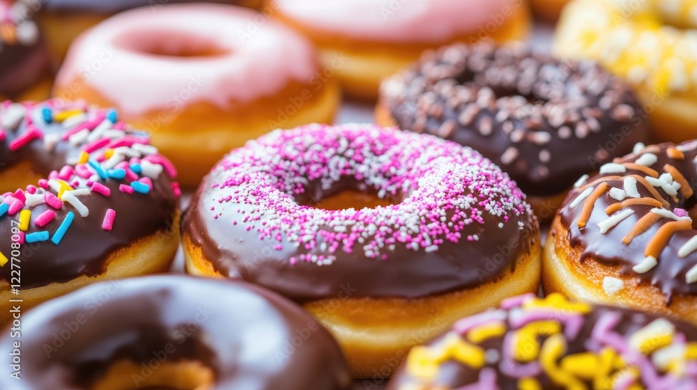 Poster Assorted Colorful Doughnuts with Chocolate and Sprinkles Displayed on a Bright Background