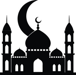 A detailed silhouette of a mosque with a crescent moon on white background