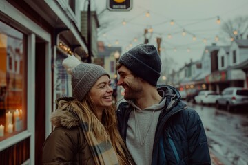 Fototapeta premium Portrait of a content caucasian couple in their 30s wearing a functional windbreaker in charming small town main street