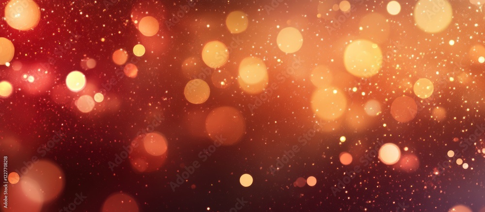 Poster red glitter backdrop featuring golden bokeh lights and ample empty space for text or design elements