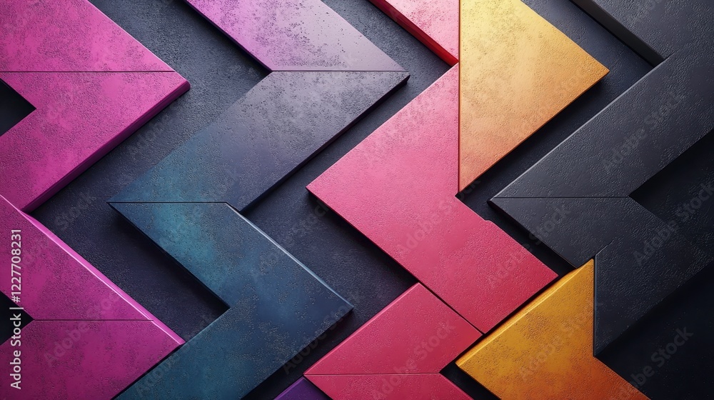 Poster abstract geometric background with multicolored textured triangles arranged in a chevron pattern. th