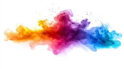 Abstract image of vibrant multicolored powder explosion on white background. The colors are predominantly orange, yellow, purple, and blue, creating