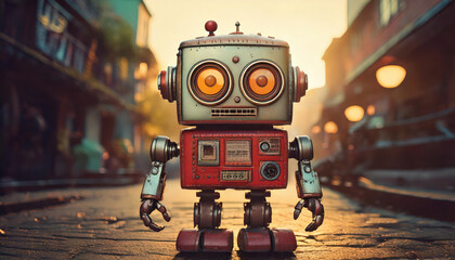 Retro robot cartoon art urban street artistic photography vintage film effects low angle view creative conceptualization for enhanced aesthetic appeal