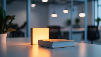 A cozy workspace featuring a book and a softly glowing lamp, illuminated in a modern office environment with plants and pendant lights.