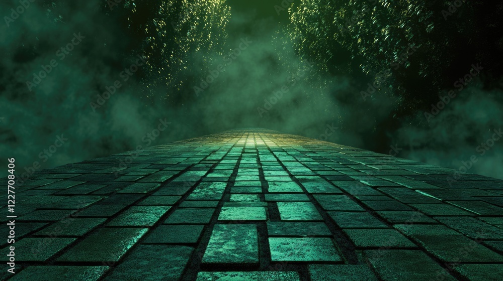 Aufkleber futuristic pedestrian pathway with textured brick tiles and mystical green background in a sci-fi la