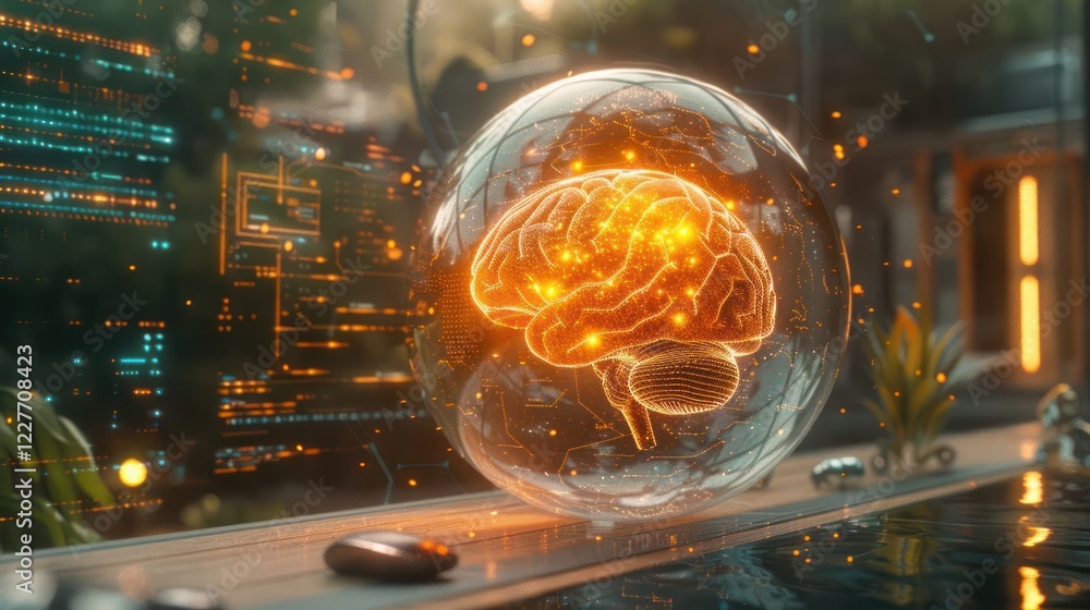 Poster futuristic representation of a glowing brain inside a transparent sphere with digital data overlay
