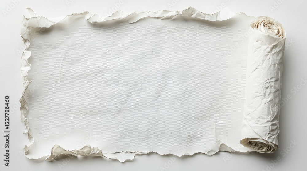 Poster rolled crumpled white paper on a flat surface with an empty space for text or design elements on a m