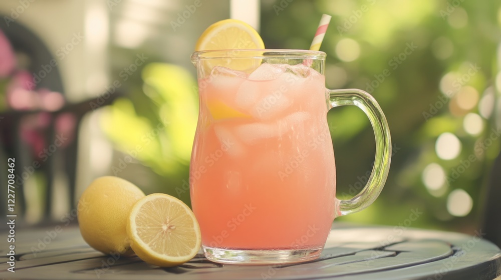 Aufkleber refreshing pink lemonade with lemon slices in a pitcher on a table in summer garden setting
