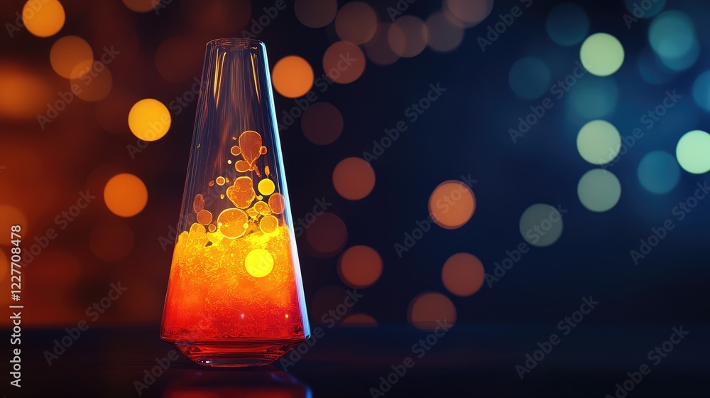 Poster Vibrant lava lamp with illuminated bubbles against a blurred dark background creating a cozy and retro atmosphere