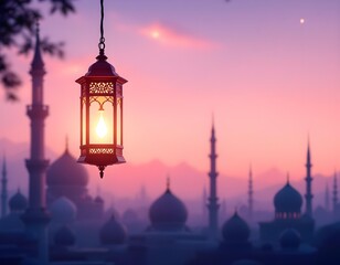 A glowing lantern against a serene mosque backdrop at sunset, suitable as a Ramadan or Islamic background.