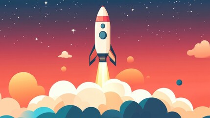 Innovative Rocket Launch Against a Dreamy Cloudy Sky in a Vibrant Cosmic Background with Stars and Planets