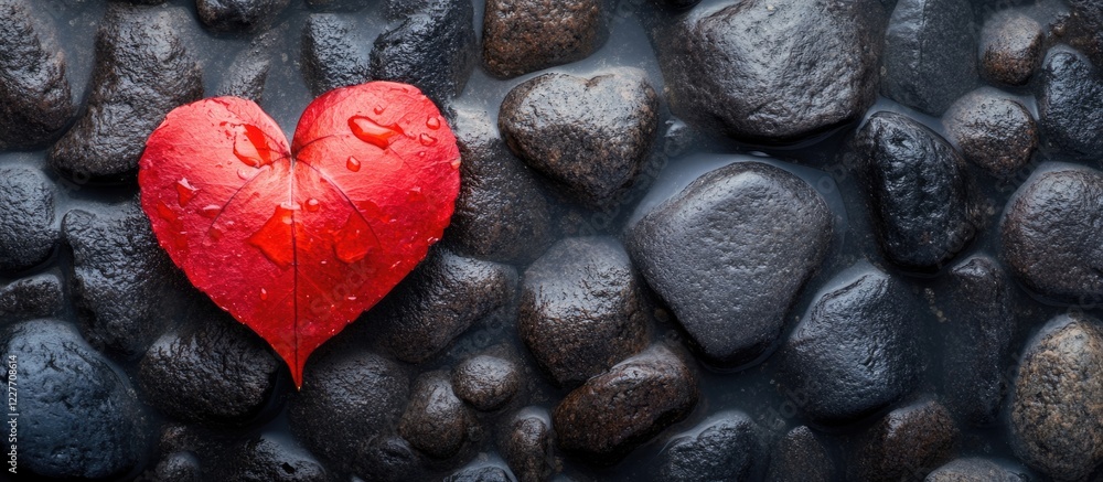 Poster red heart-shaped leaf on wet black stones background with empty space for text or message