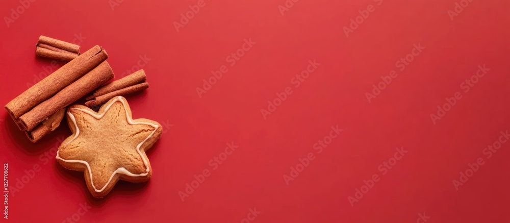 Poster gingerbread cookie and cinnamon sticks on red background with ample space for text or holiday-themed