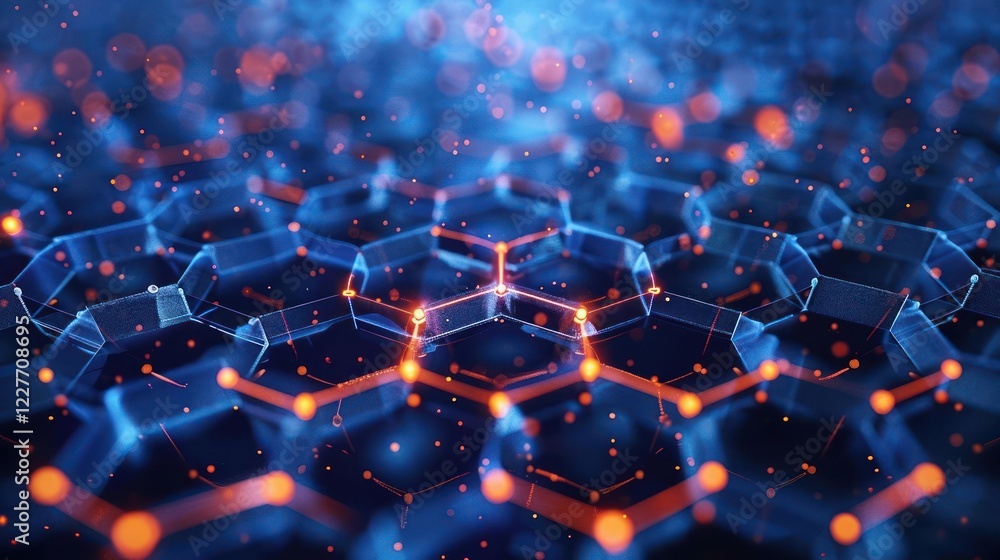 Poster abstract representation of interconnected hexagonal structures with glowing particles in a digital e
