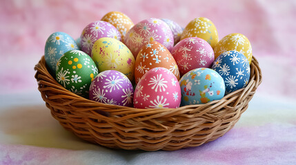 Fototapeta premium Brightly colored Easter eggs arranged in a decorative wicker basket on a pastel background