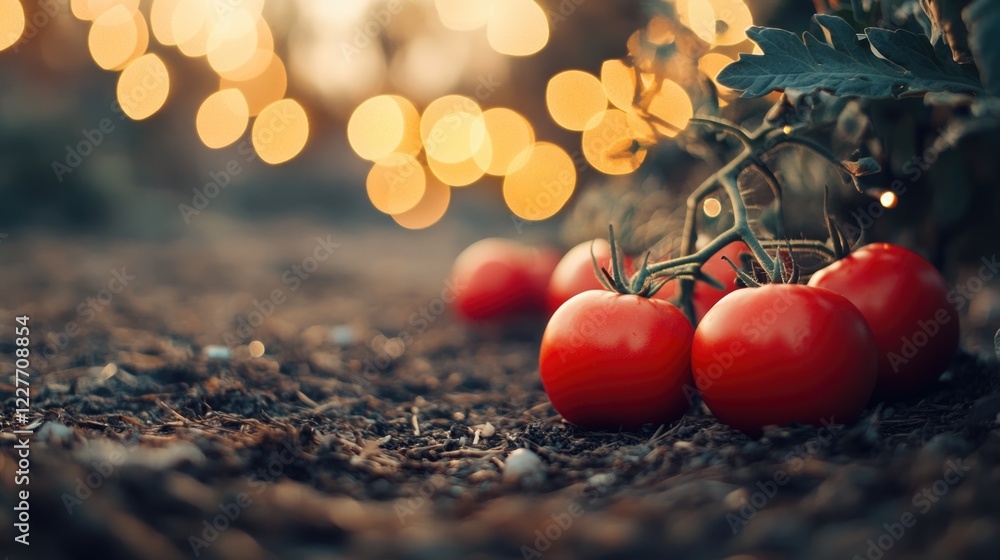 Poster Fresh Red Tomatoes on Soil with Bokeh Lights Creating a Festive Atmosphere in a Garden Setting
