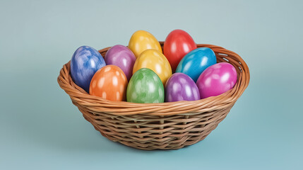 Fototapeta premium Brightly colored Easter eggs arranged in a decorative wicker basket on a pastel background