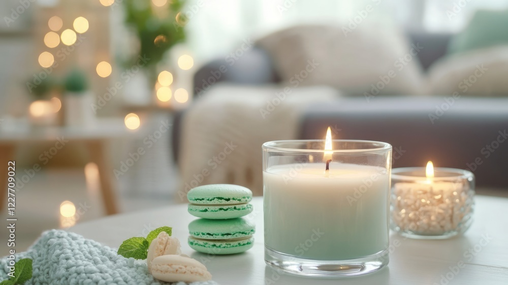 Aufkleber serene meditation space with scented candles mint macarons cozy decor and soft lighting creating a c