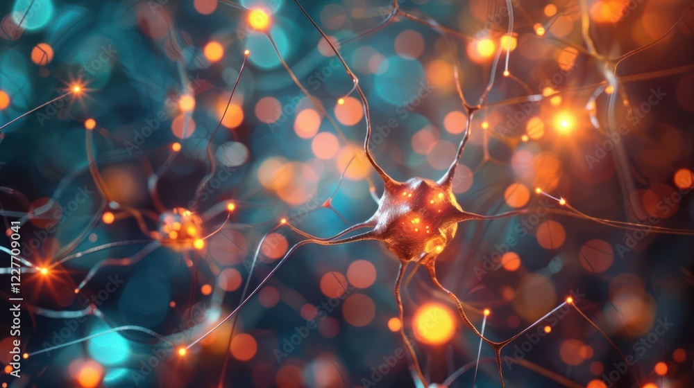 Poster abstract representation of neurons interconnected with glowing synapses in a vibrant digital environ