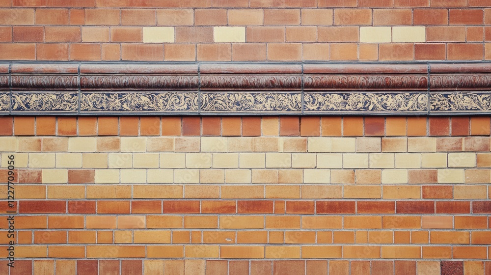 Poster vintage ceramic tiles as decorative facade bricks on traditional building architecture with ornament