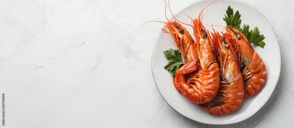 Poster red langoustine garnished with parsley on a white plate with blank space for text in a culinary pres