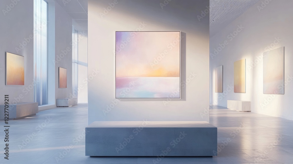 Poster Modern Gallery Displaying Serene Abstract Canvas Artwork with Soft Lighting and Subdued Colors in a Minimalistic Space