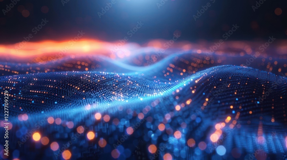 Poster abstract representation of digital waves with glowing particles in a dark background