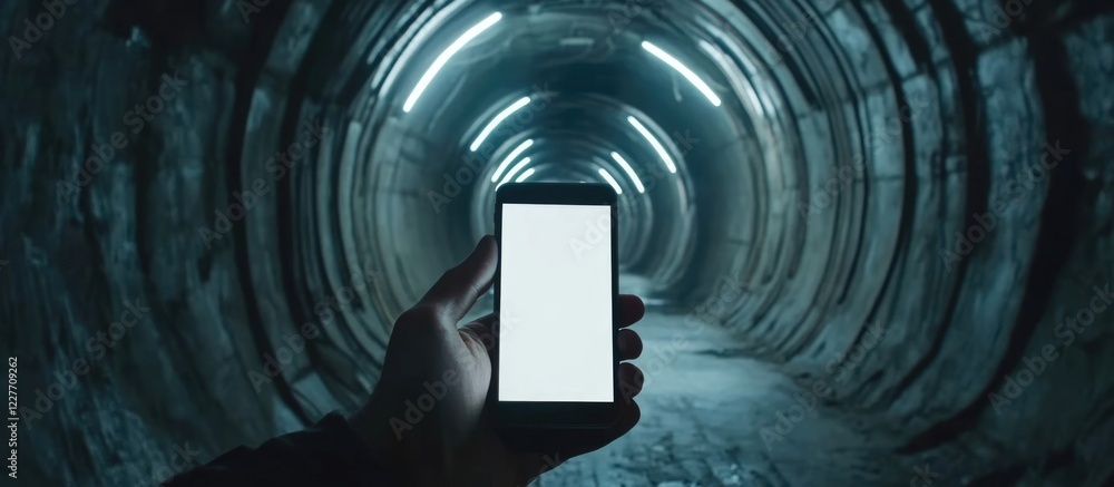 Poster businessman displaying smartphone with blank screen in underground tunnel setting, ideal for showcas