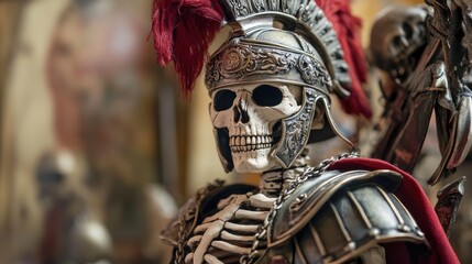 Roman Gladiator Skeleton Warrior Displayed in Historic Armor with Chain Helmet and Feathered Crest