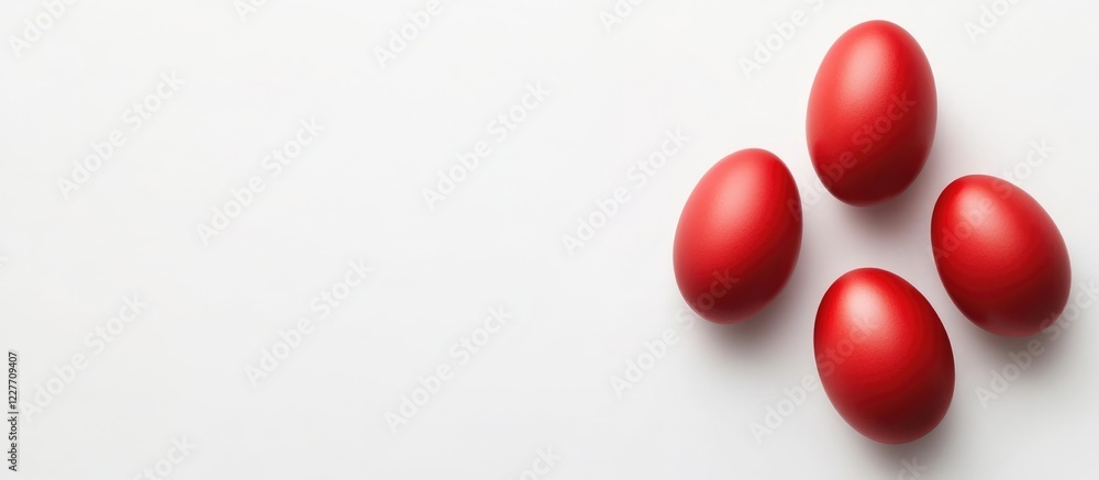 Poster red easter eggs on white background with ample empty space for creative text or design elements